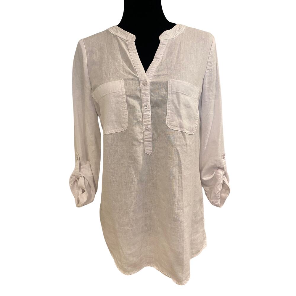 Emily Daniels Linen-Blend White Tunic Shirt Dress Made in India Size S
